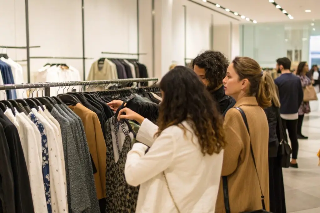 A Zara store with customers eagerly checking the clothing racks