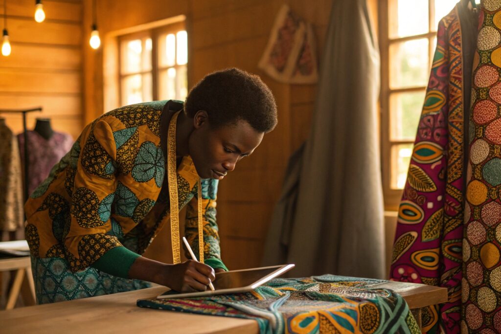 Fashion designer sketching clothing design on tablet