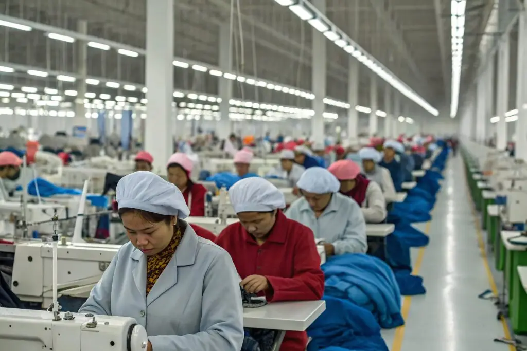 Clothing factory workers sewing in large production facility