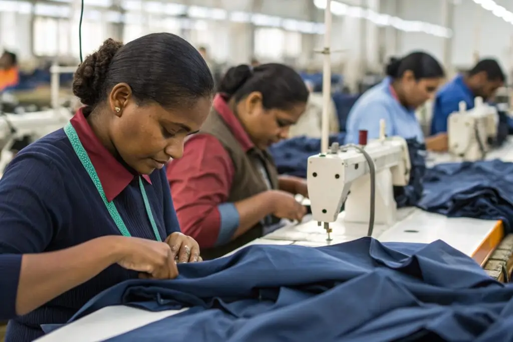 Workers sewing garments in clothing factory