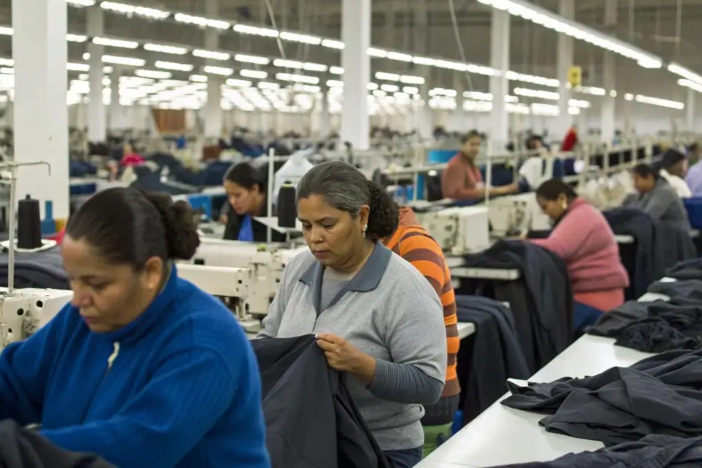 Clothing factory workers sewing jackets on production line