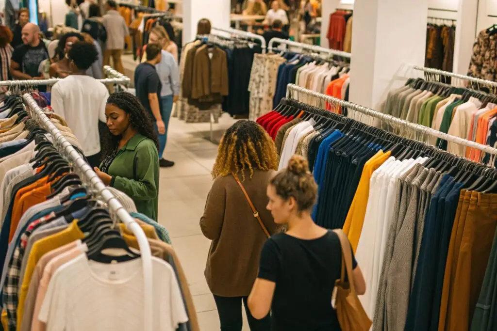People shopping in a busy American apparel retail store