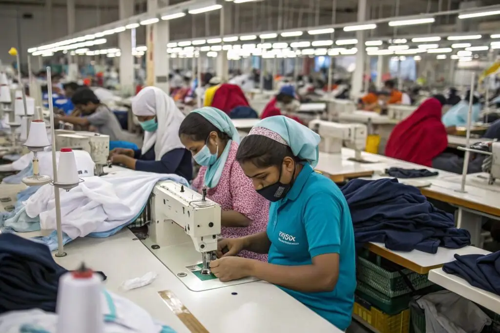 Garment factory workers sewing in Dhaka, Bangladesh