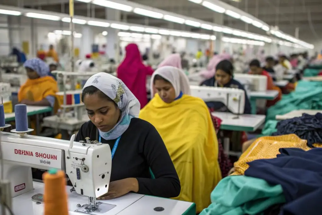 Garment factory workers sewing colorful garments in Bangladesh
