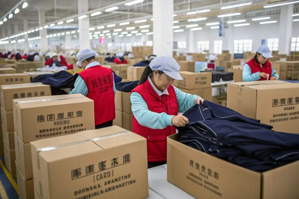 Workers packing garments into boxes in Chinese factory