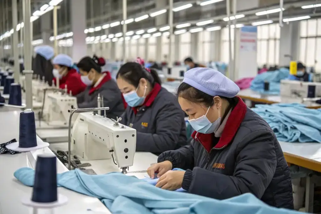 Chinese garment workers sewing light blue apparel