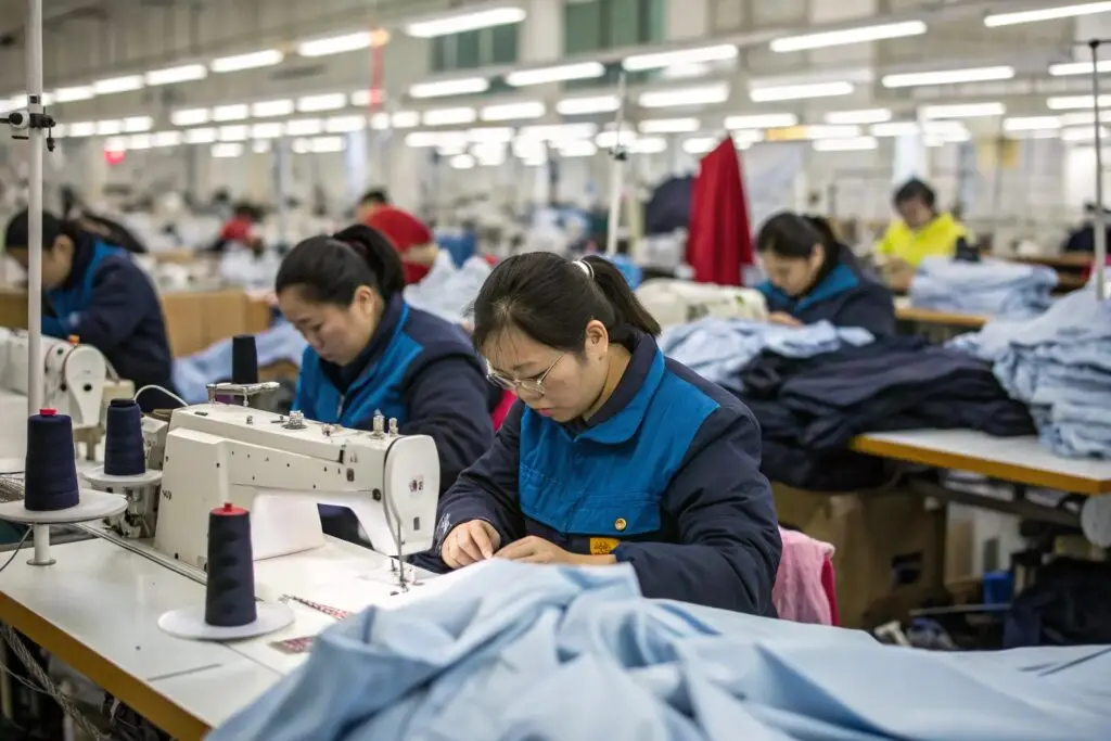 Chinese workers sewing light blue garments in factory