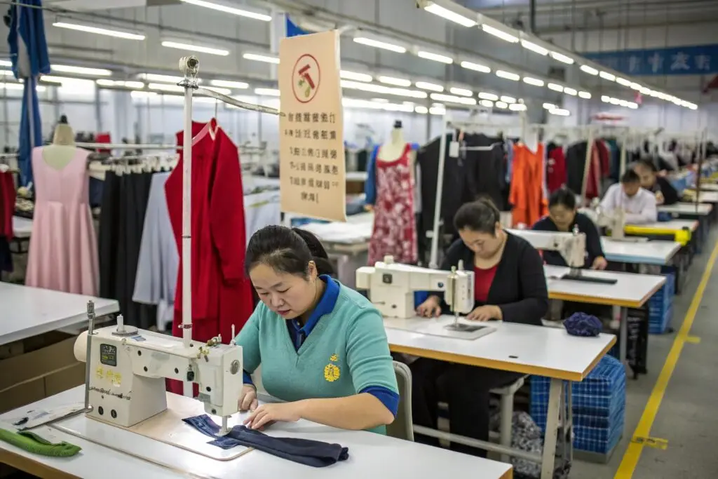 Chinese garment workers sewing dresses in production line