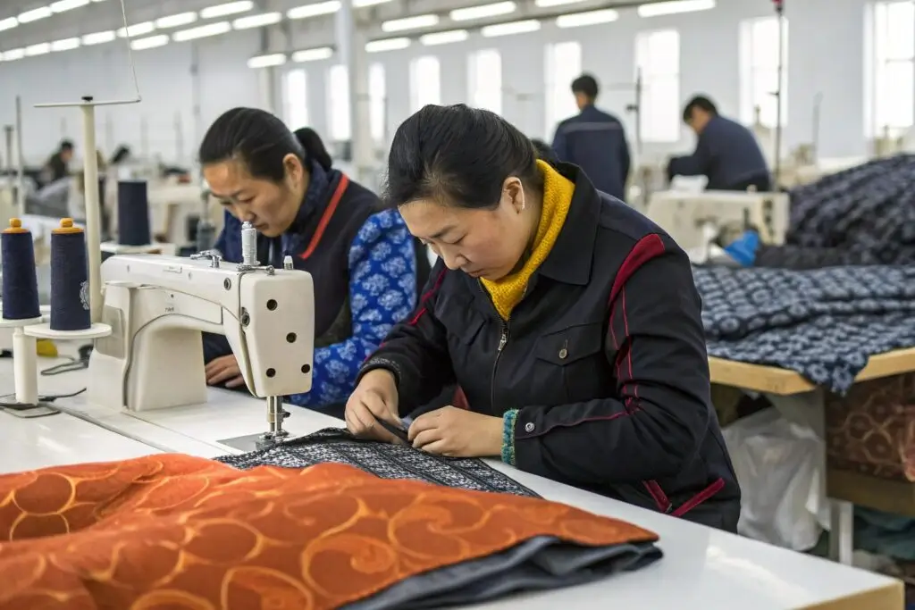Workers sewing garments in professional clothing manufacturing factory