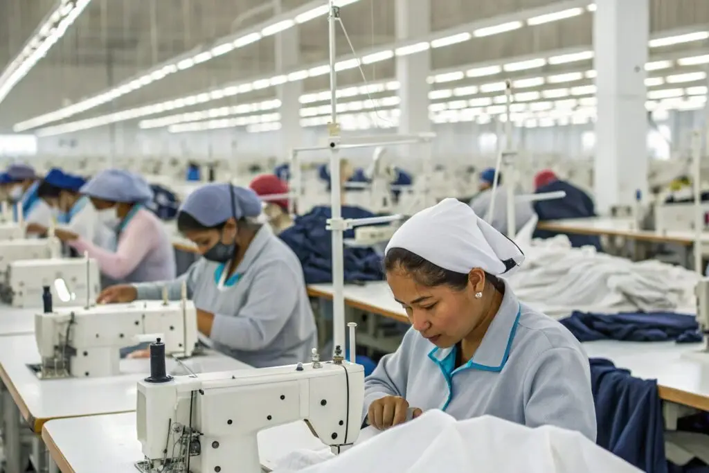 Workers sewing garments in large factory setting