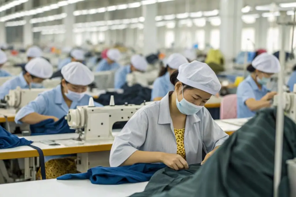 Workers sewing garments in a Vietnamese factory