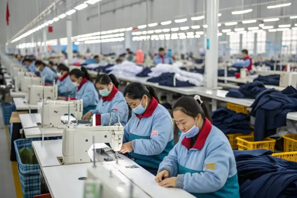 Workers sewing uniforms in a large organized garment factory