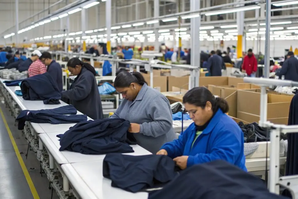 Workers inspecting garments in a large U.S. apparel facility