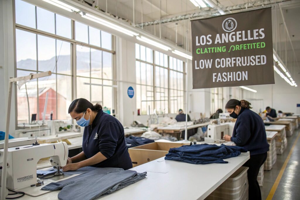 Clothing factory workers sewing denim garments