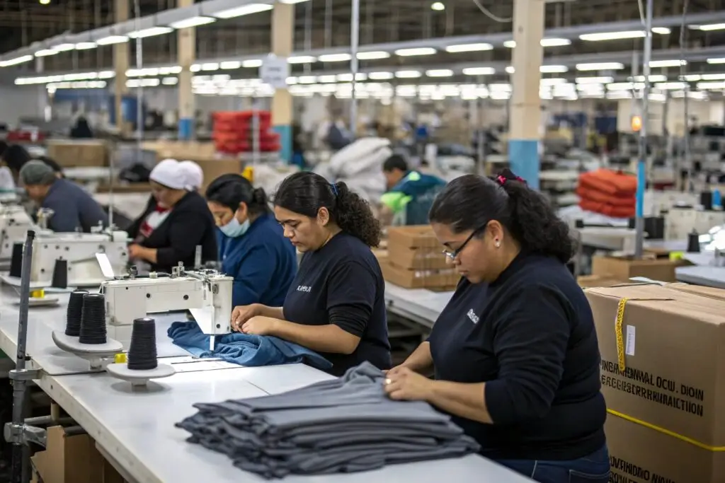 Clothing factory workers sewing and stacking garments