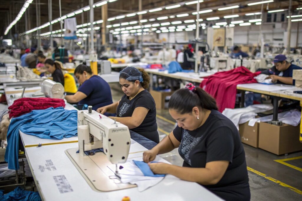 Garment factory workers sewing clothes on production line