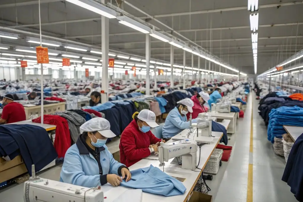 Workers sewing garments in a massive Chinese factory
