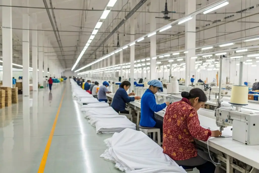 Workers sewing white fabric in a spacious, modern garment factory