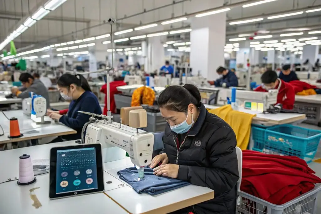 Modern garment factory using digital tools for sewing