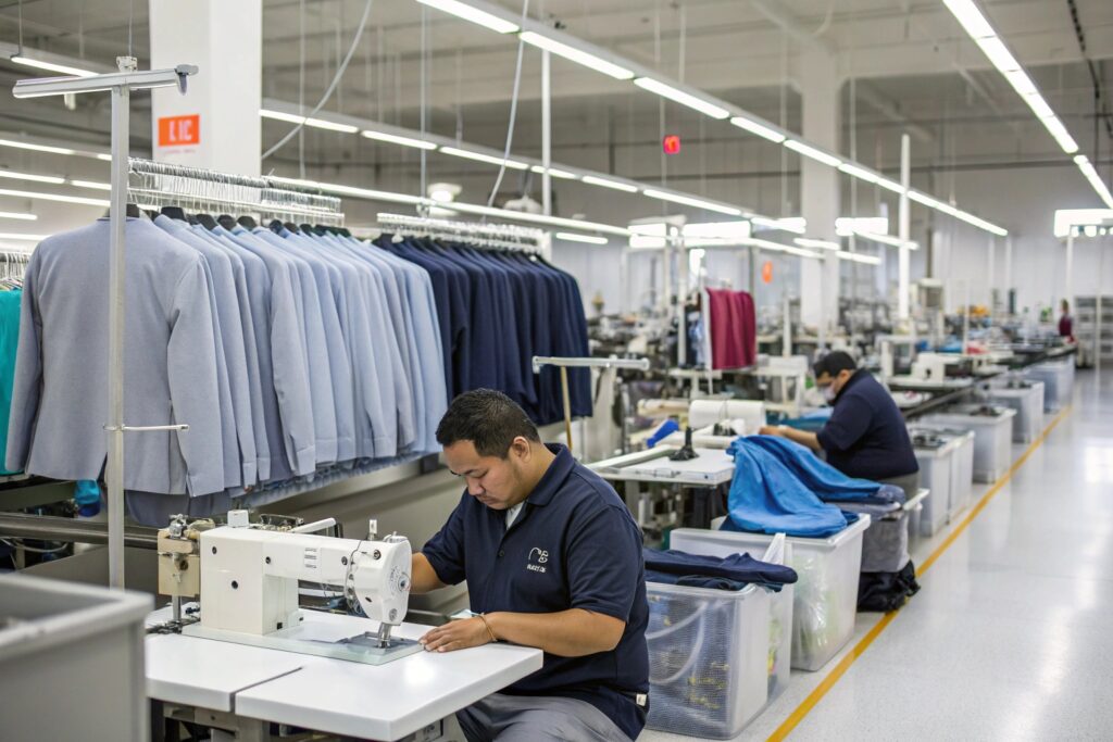 Modern clothing factory with workers sewing suits