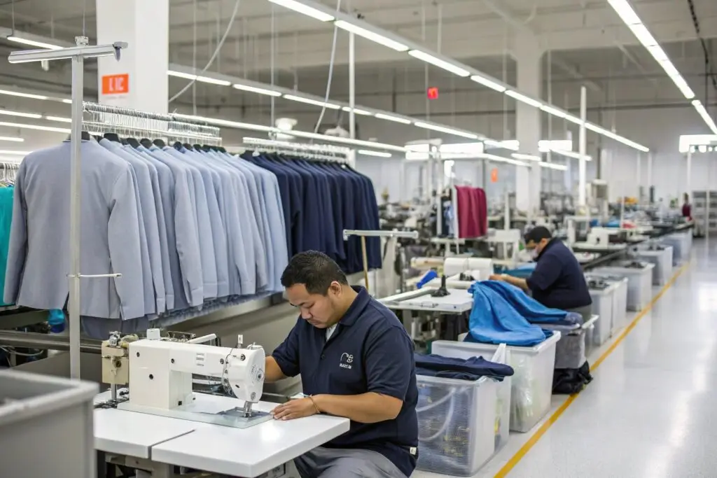 Modern clothing factory with workers sewing suits