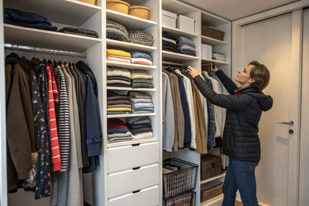 Neatly organized wardrobe with clothes