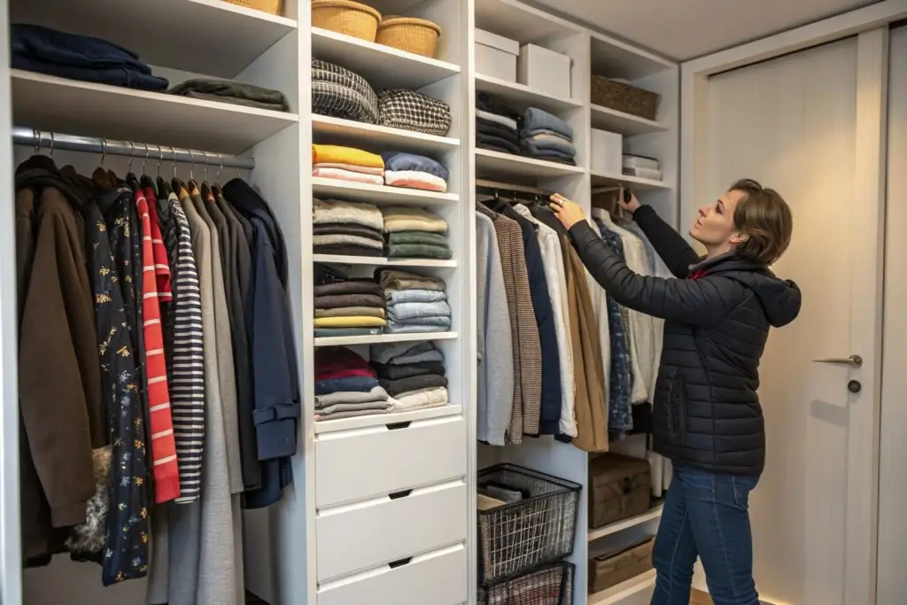 Neatly organized wardrobe with clothes
