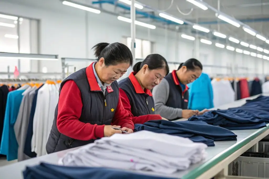 Quality control staff inspecting garments in Chinese factory