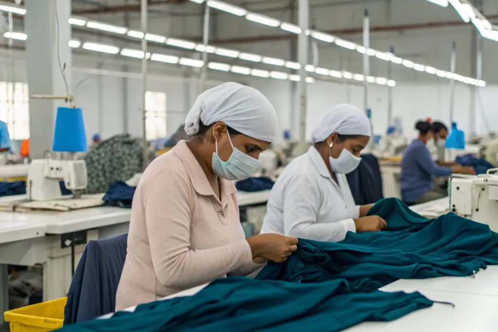 Workers sewing garments in sustainable clothing factory