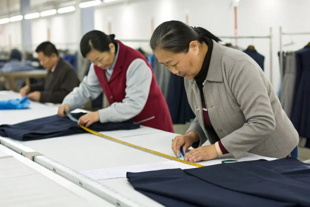 Garment workers measuring clothing pieces for quality check