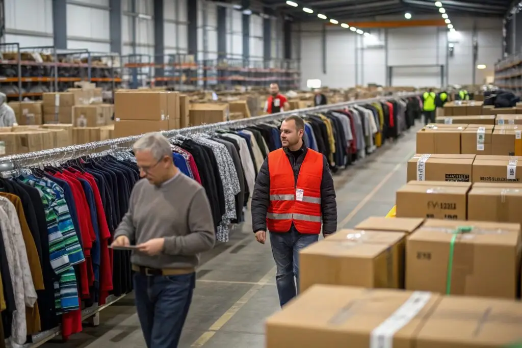 Workers managing clothing inventory in warehouse