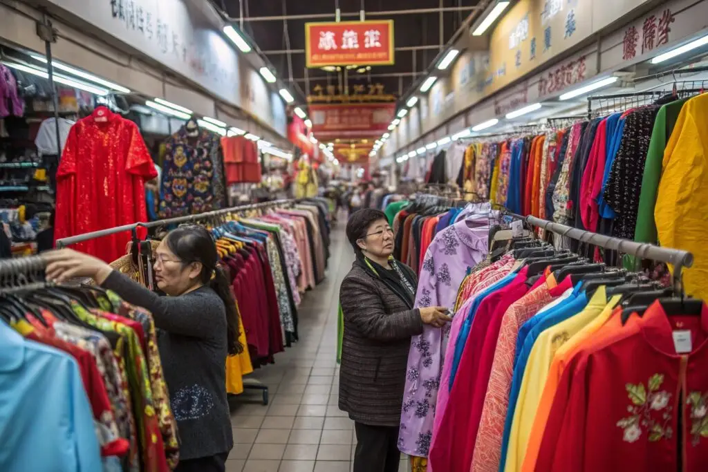 Shoppers browsing colorful clothing market