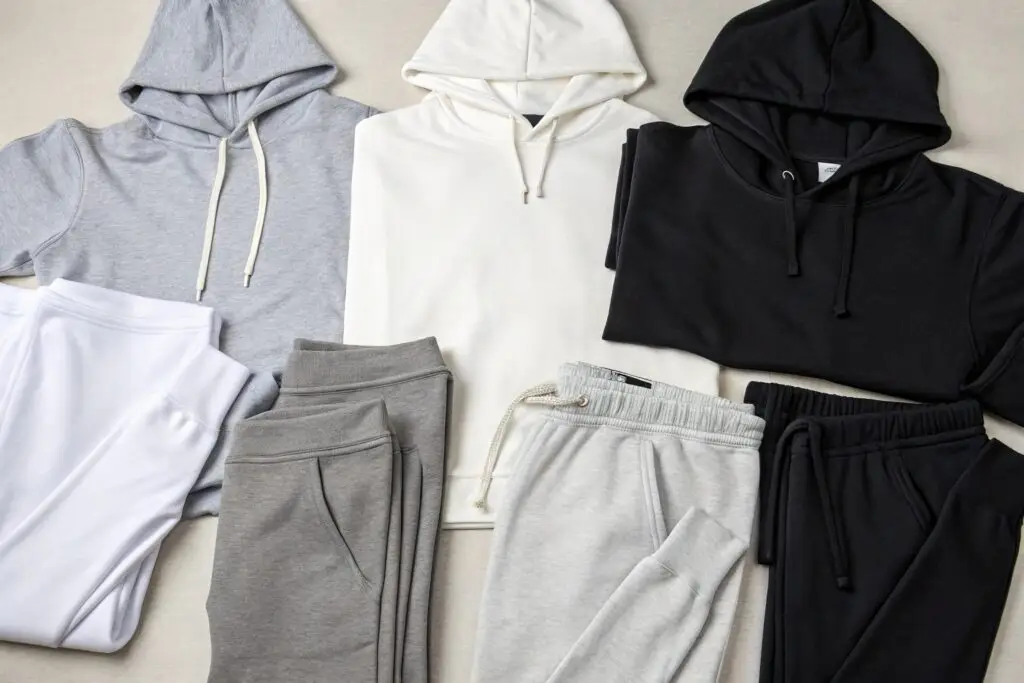 Flat lay of blank hoodies and sweatpants in neutral colors