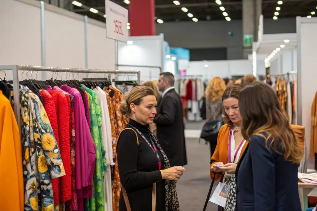 Fashion buyers discussing clothing at trade show