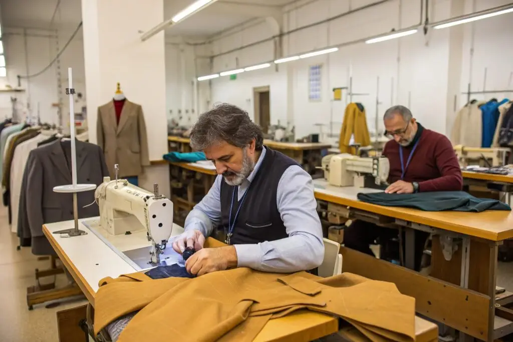Tailors sewing coats in workshop