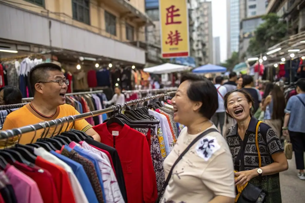 People laughing while shopping in clothing market