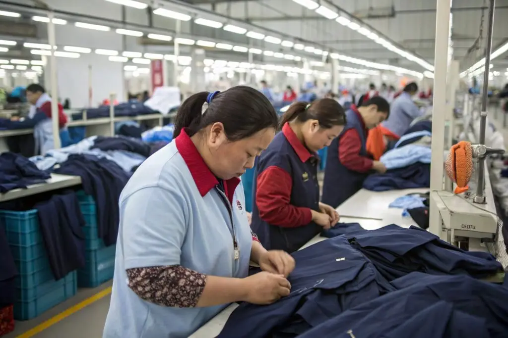 Workers inspecting and finishing garments