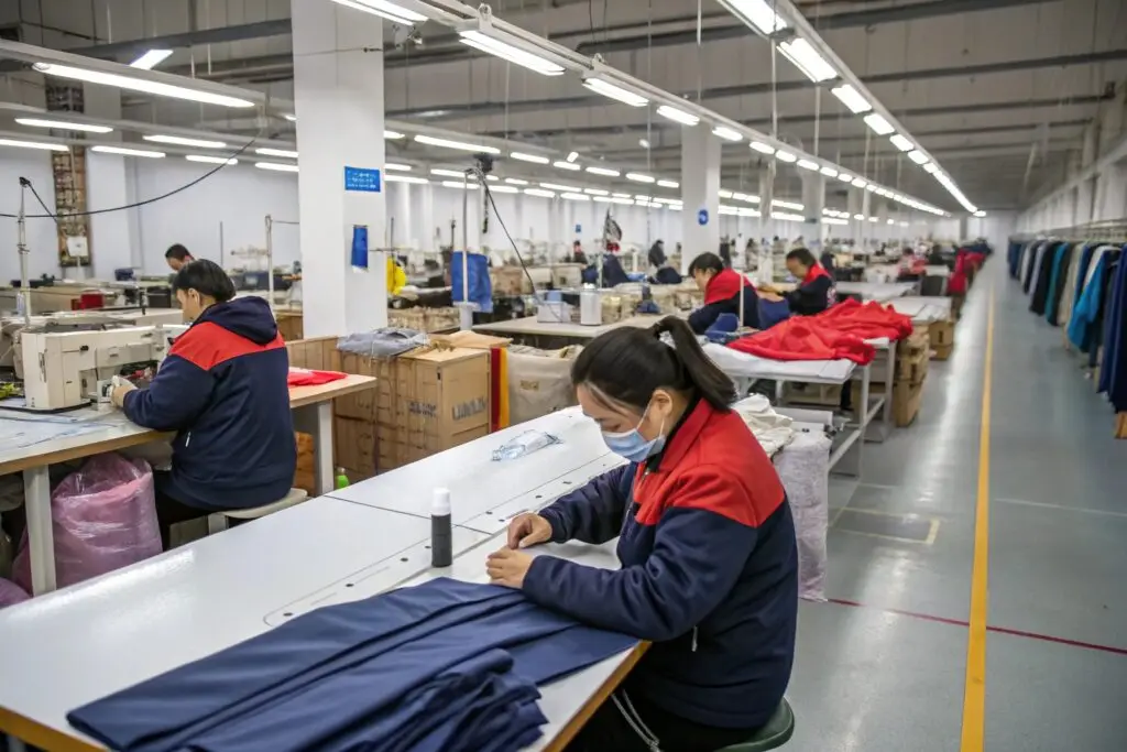 Garment workers sewing clothing in factory