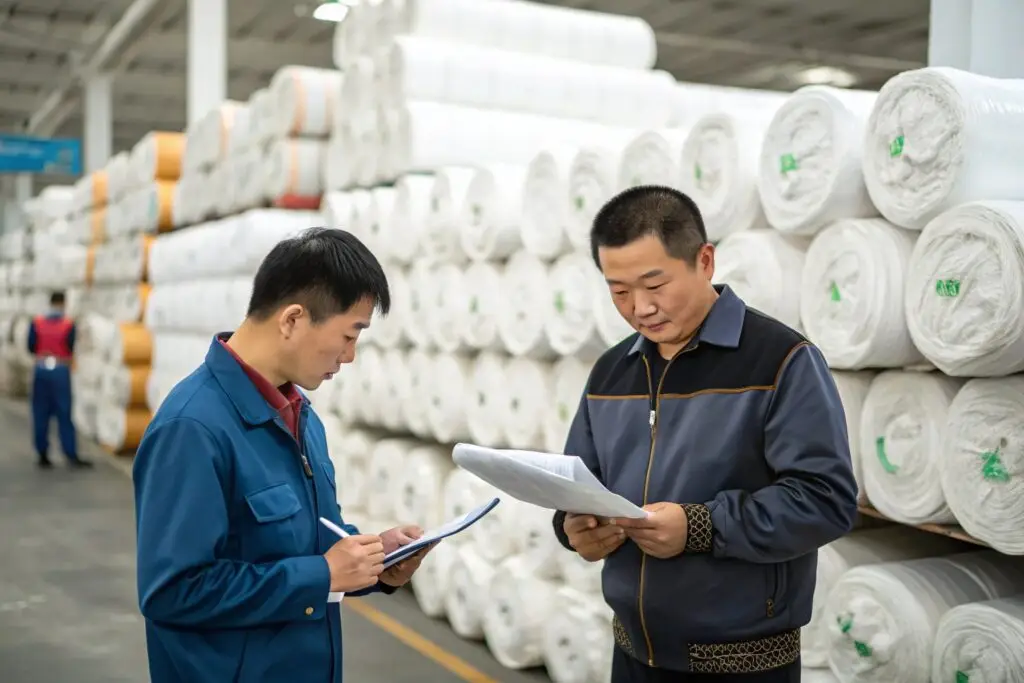 Two textile workers checking inventory in fabric warehouse