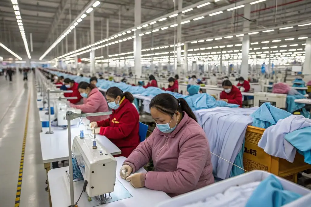 Workers sewing garments in large factory