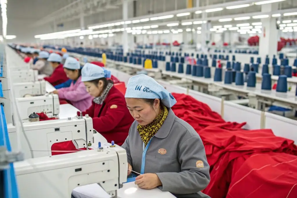 Chinese factory workers sewing garments