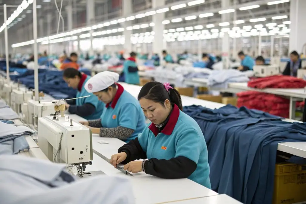 Chinese workers sewing uniforms in a garment factory