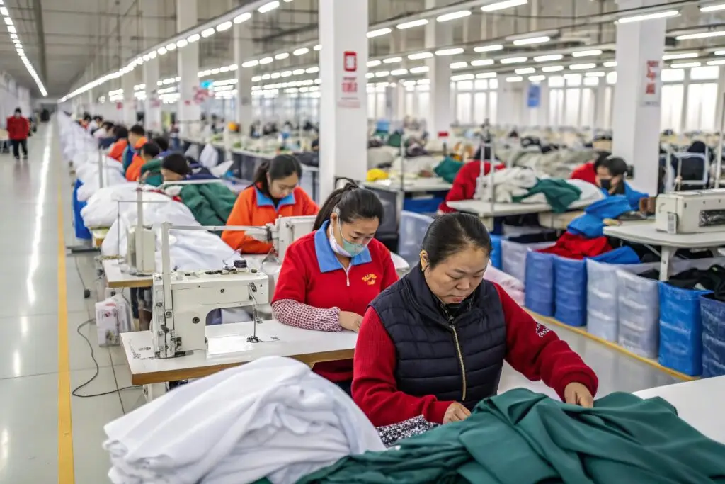 Workers sewing garments in modern factory
