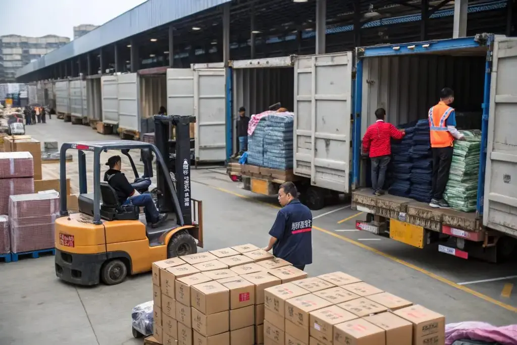 Workers loading packed clothing into trucks