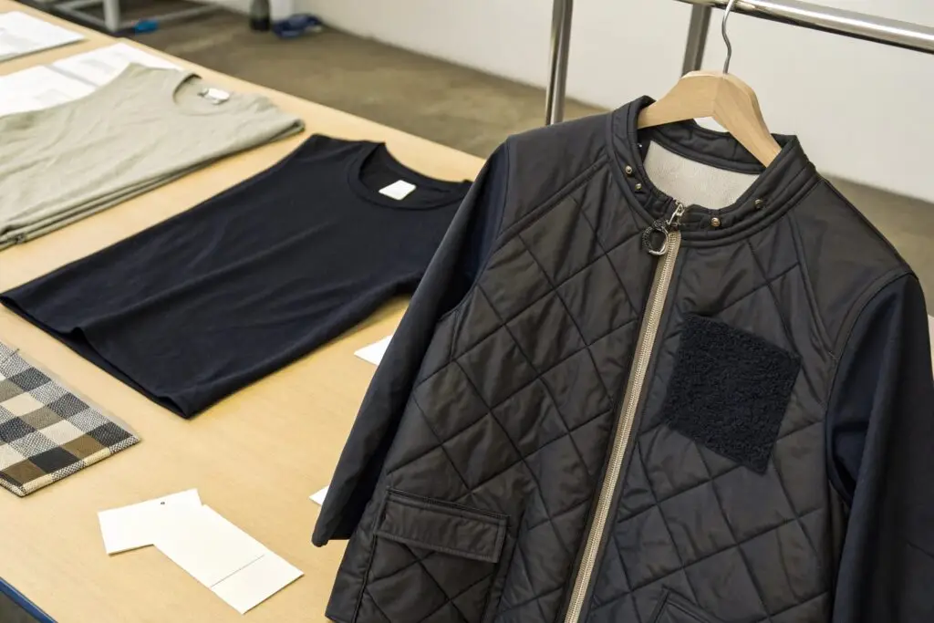 Sample black quilted jacket and T-shirts displayed on table