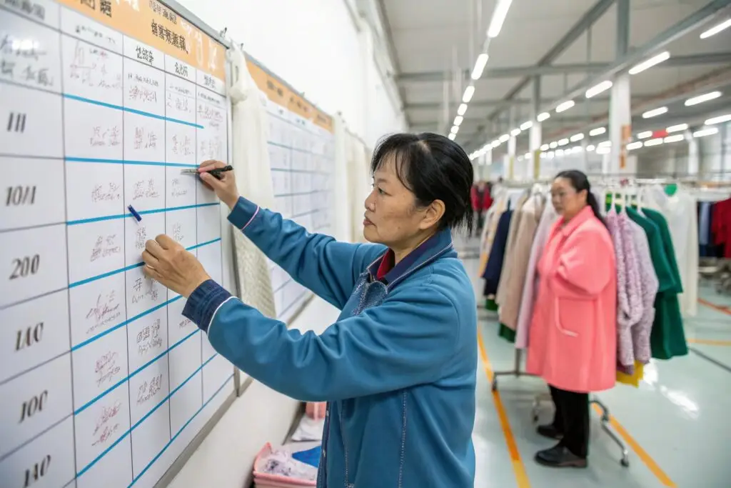 Garment production manager updating workflow board