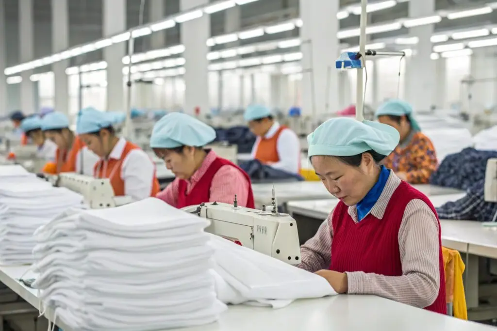 Garment workers sewing white clothing