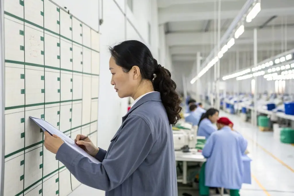 Garment production supervisor checking schedules