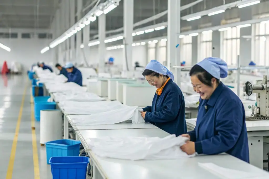 Garment workers inspecting finished clothing