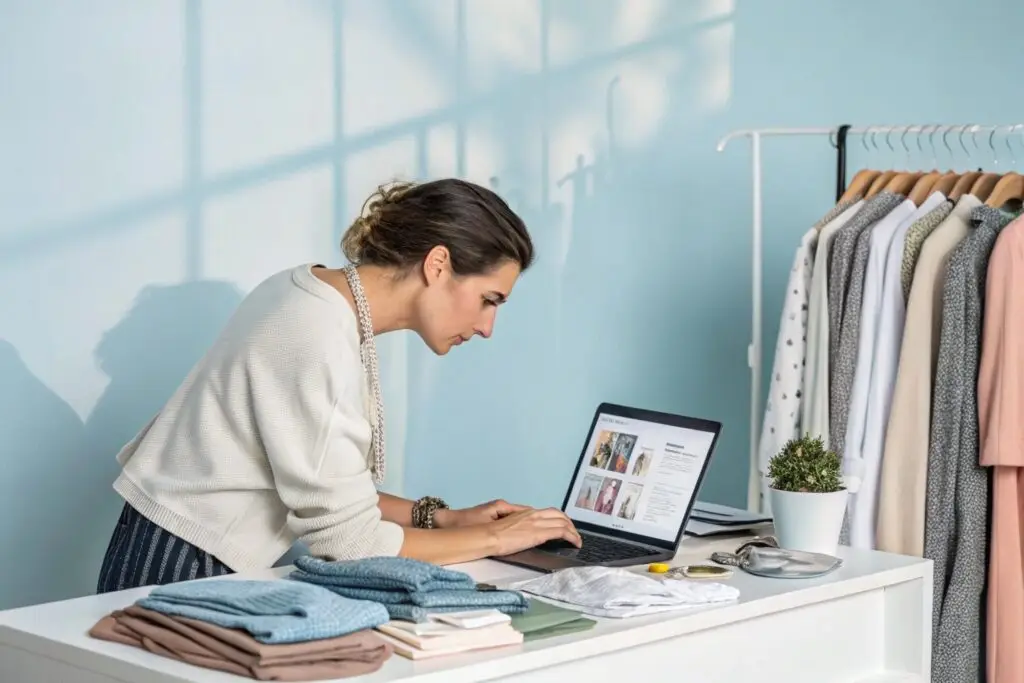 Boutique owner browsing fashion catalog online